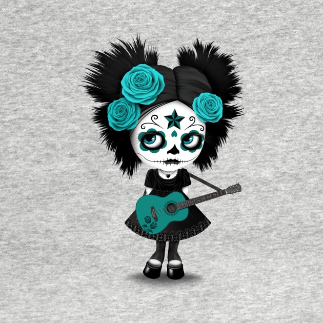 Teal Blue Sugar Skull Big Eyed Girl Playing the Guitar by jeffbartels